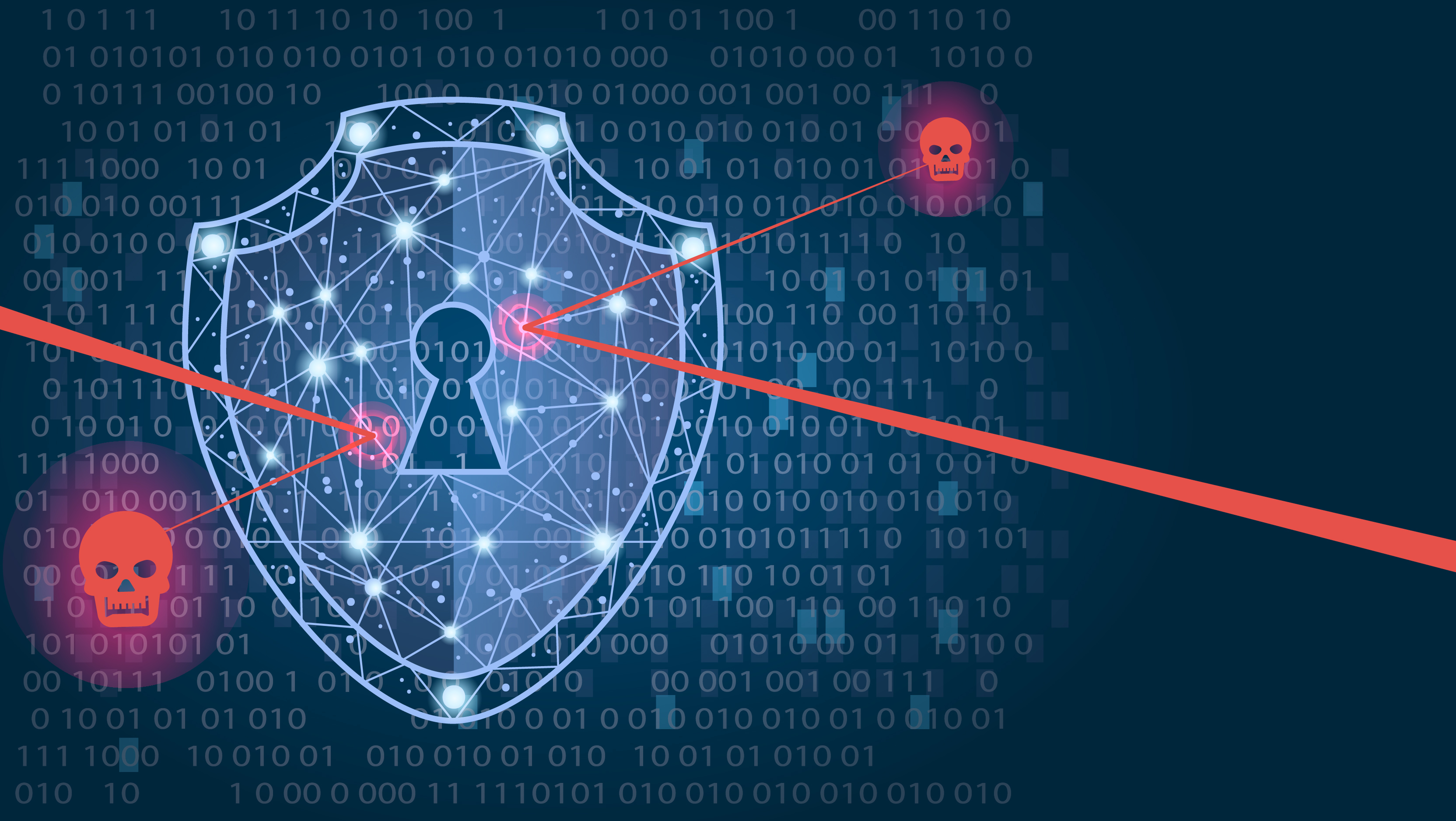 A shield in front of binary block red skulls that represent viruses
