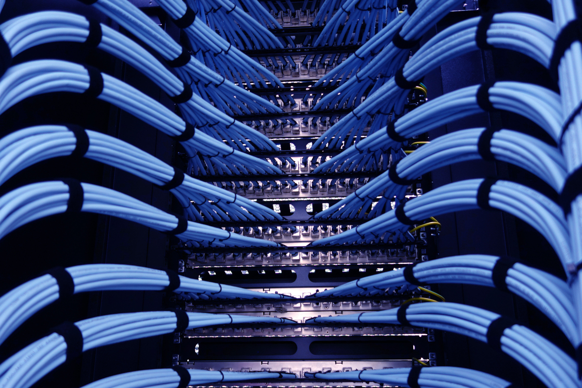 Close-up of an organized network server with numerous blue cables neatly bundled and connected to rows of ports, conveying a sense of order and professional quality work.