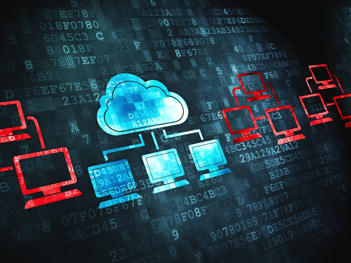 A blue cloud with three blue connected devices and red devices to either side of the blue cloud