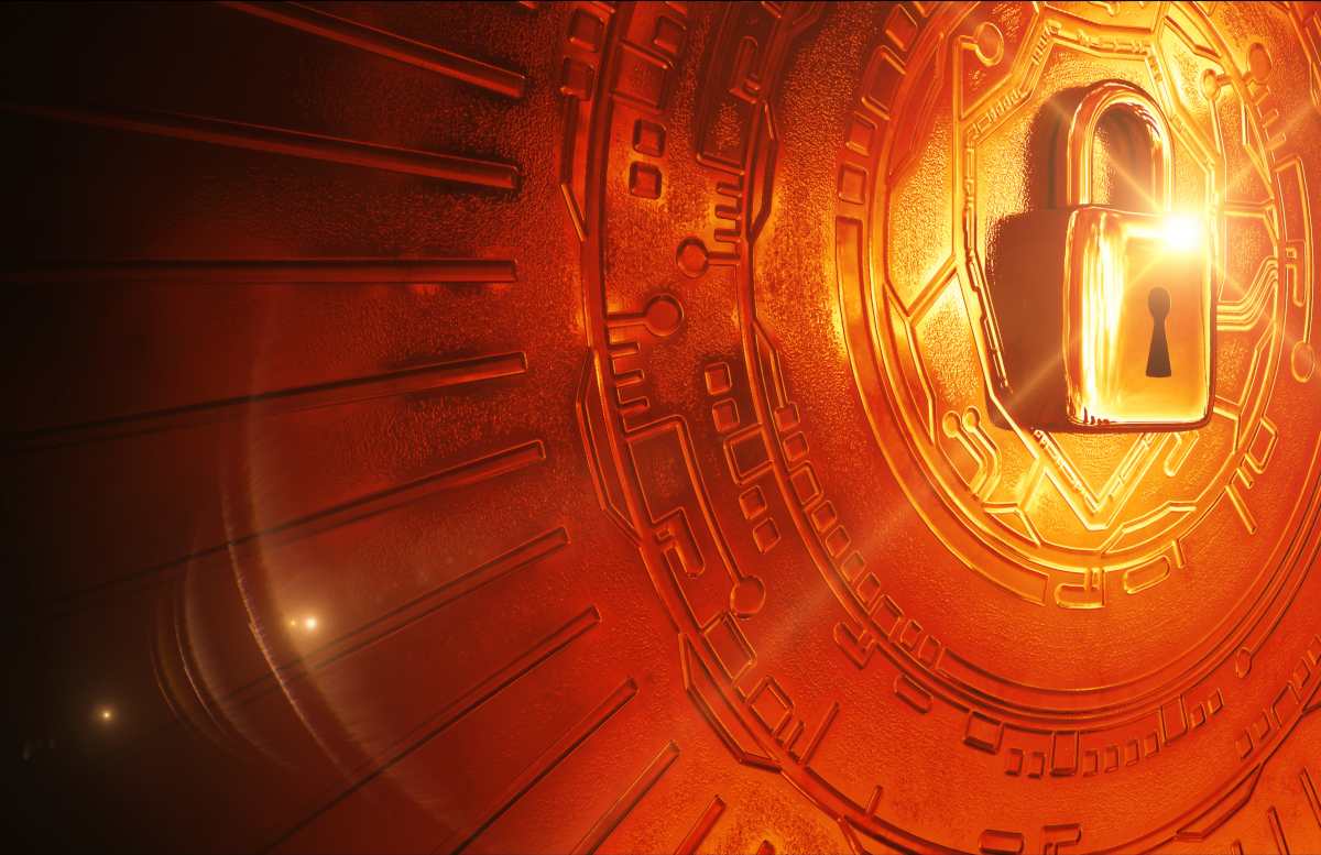 A giant golden wall with a circuitry on it that has a large lock in the center