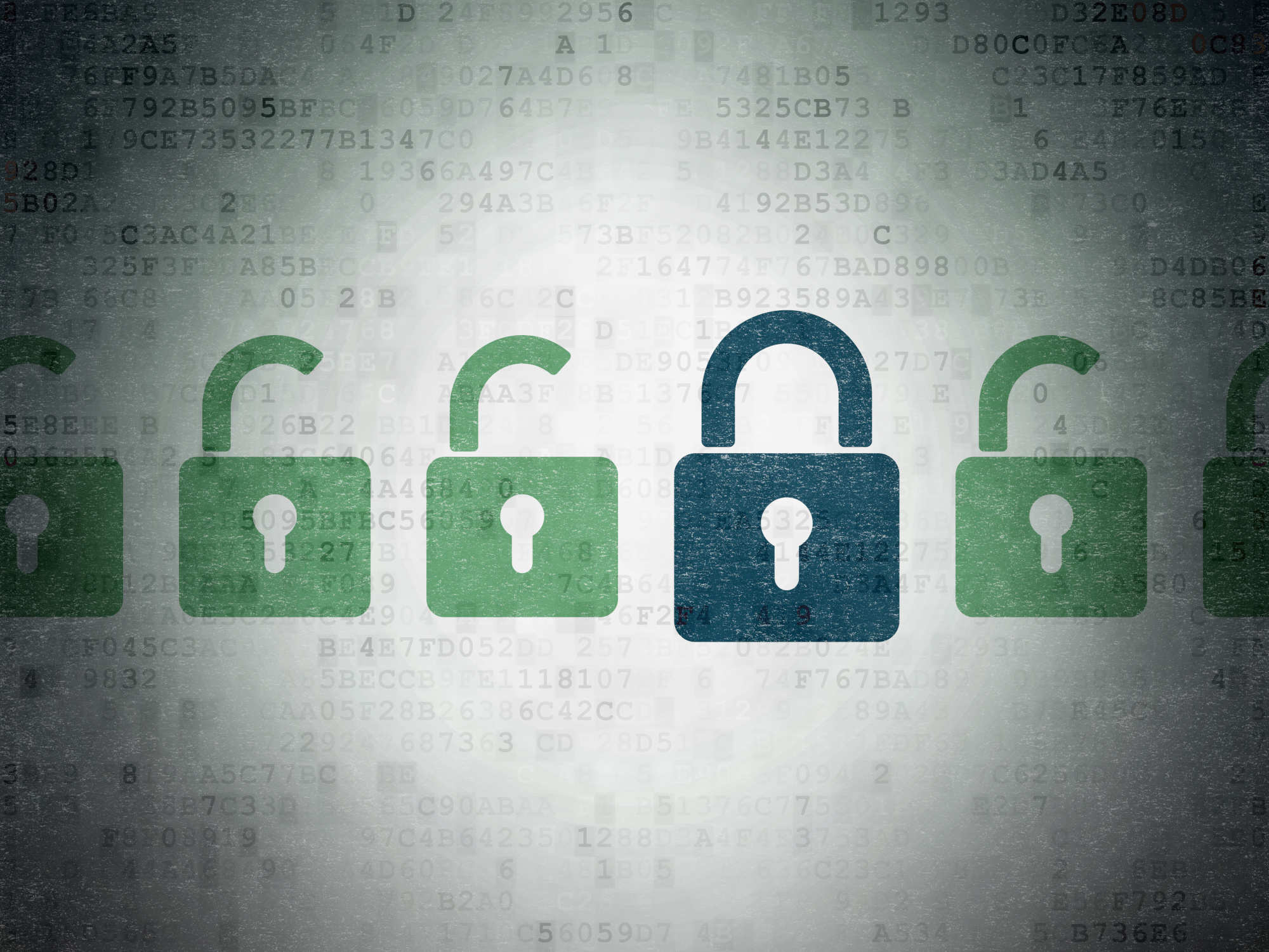 A graphic of a row of padlocks with keyholes in the center over random code, with the only one of the padlocks being locked