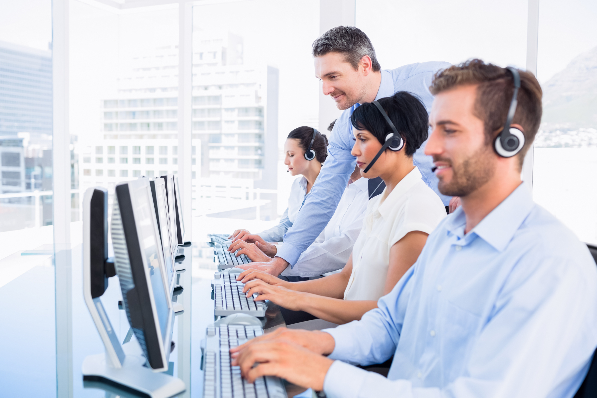 Call center employees working