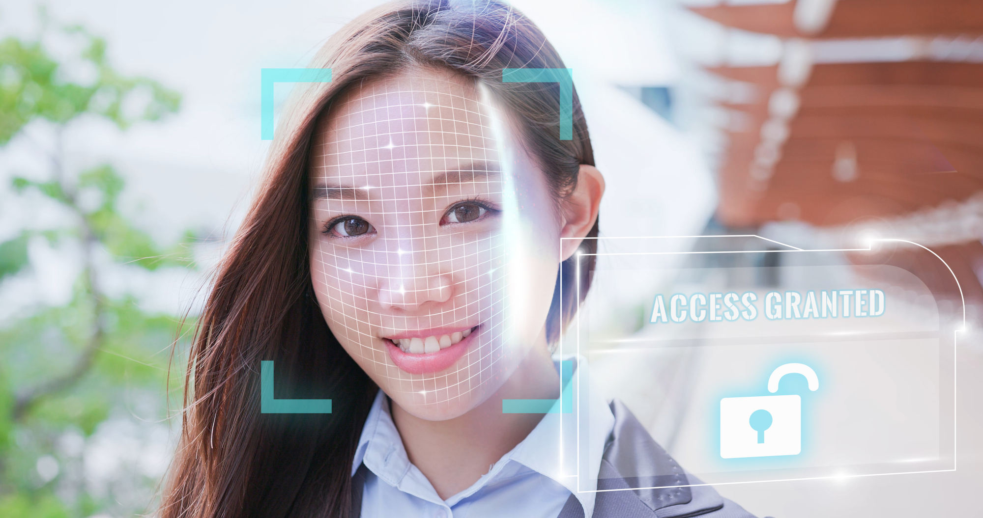 The view of a smart camera looking at a womens face to see if access should be granted