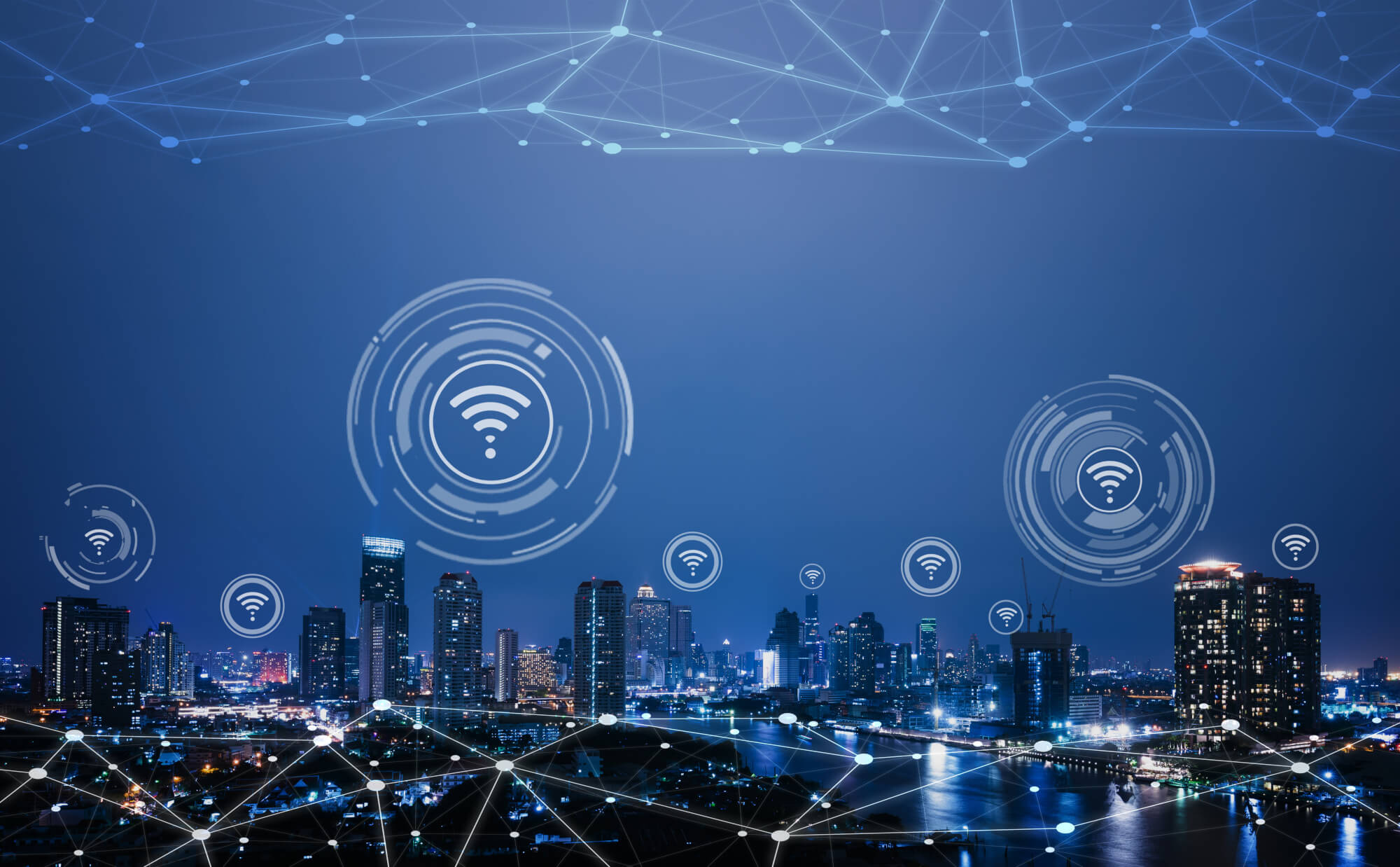 A city skyline with WiFi signals over buildings